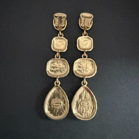 Kenneth Jay Lane Gold Plated Black Enamel Geometric Clip-On Dangle Earrings - Picture 3 of 7